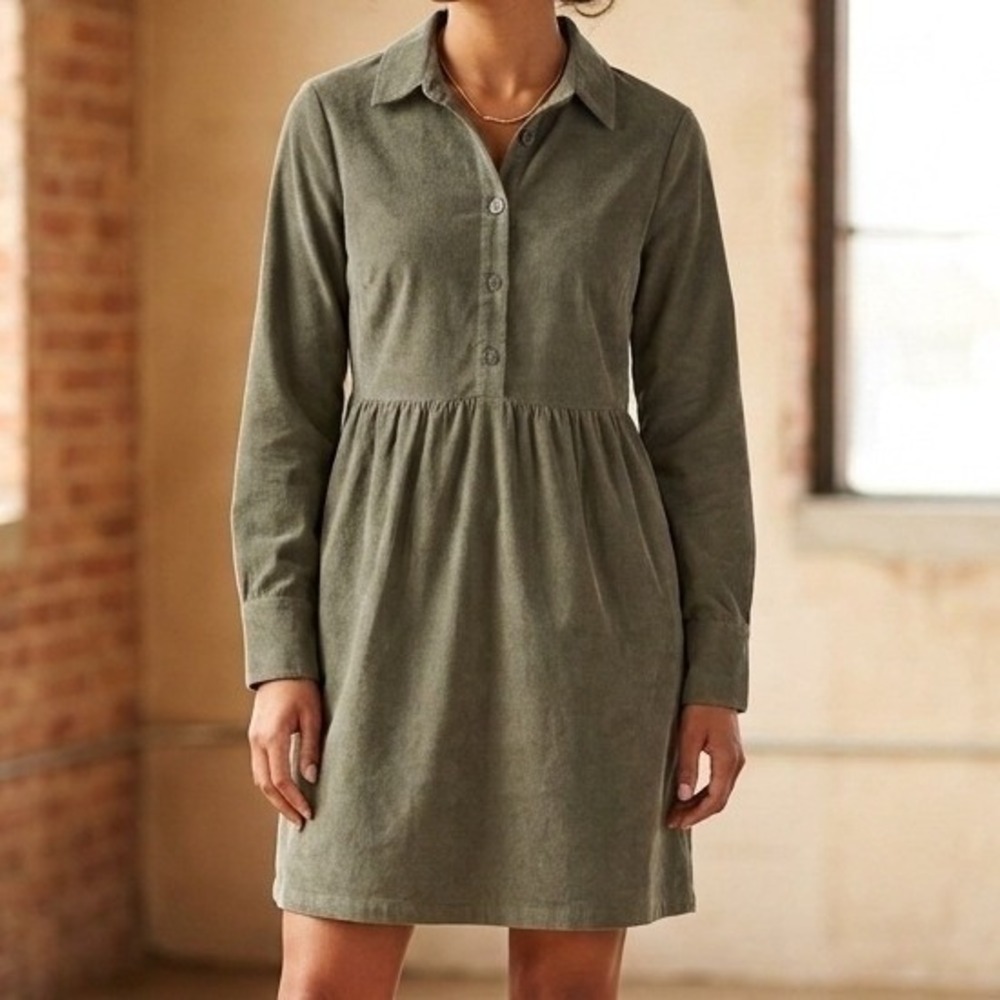 Nine West Shirt Dress Women XS Olive Green Corduroy Long Sleeve Mini Button